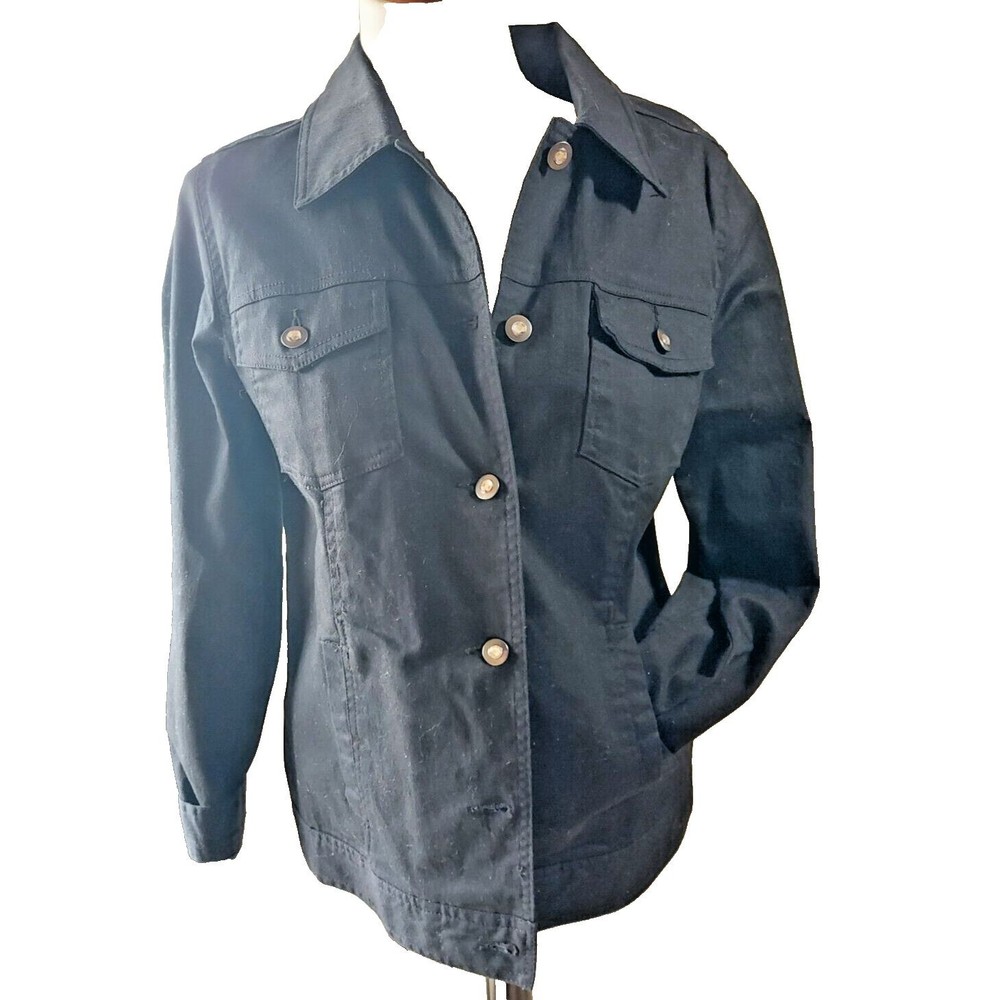 D & Co Denim & Company Black Women's Jean Jacket Bling Buttons Front Pockets S